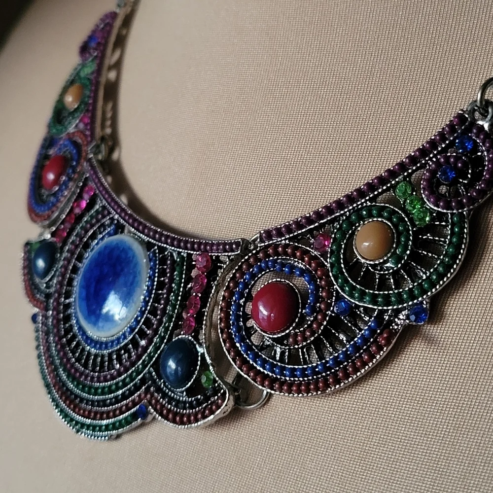 Statement Bib Necklace with Colorful Beading and Stone Accents - Picture 2 of 7